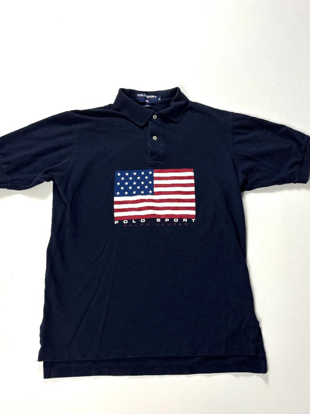 Vintage Polo Sport Ralph Lauren Mens USA Flag Golf Shirt Navy Blue Sz M Cotton